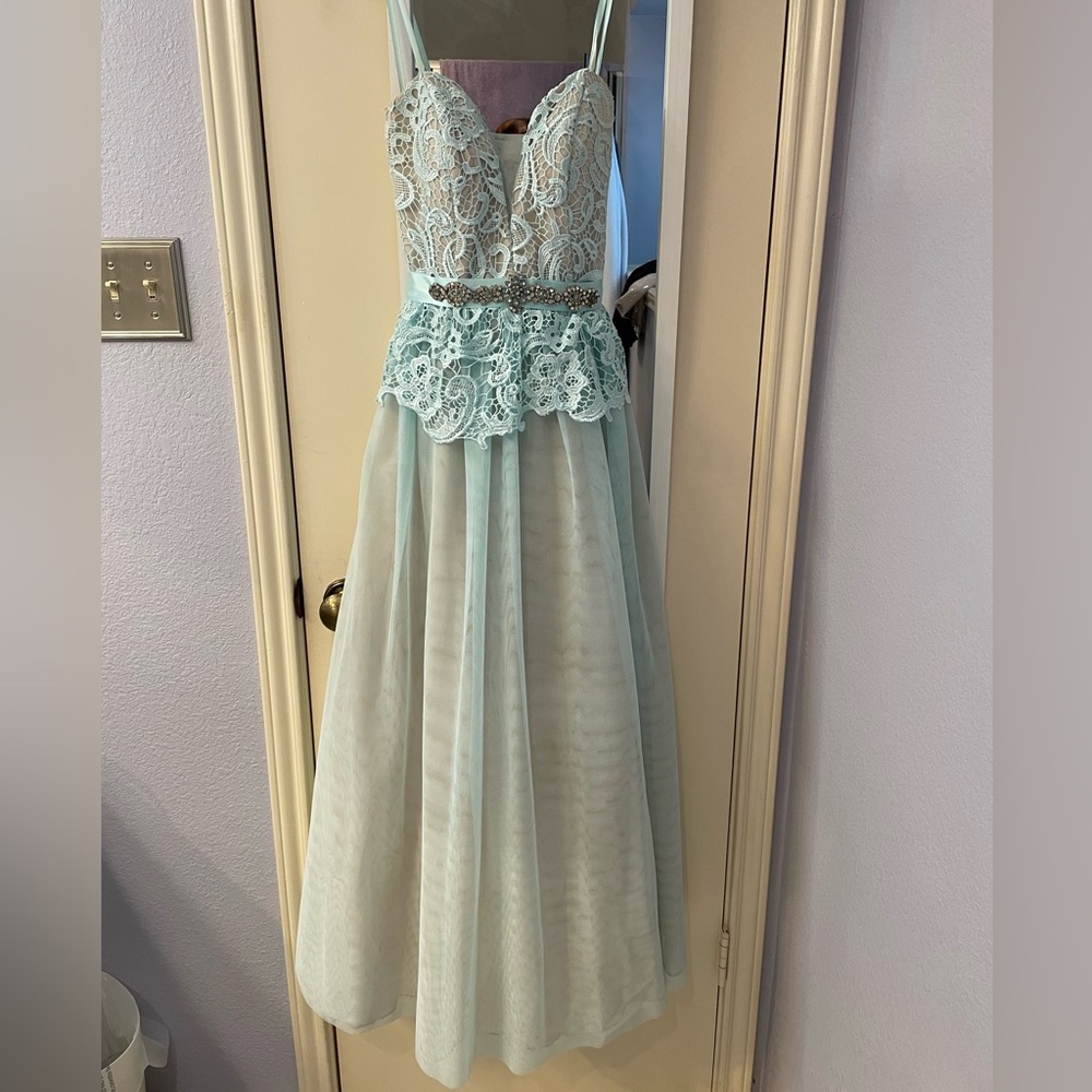Pale blue lace floor length gown size 3/4